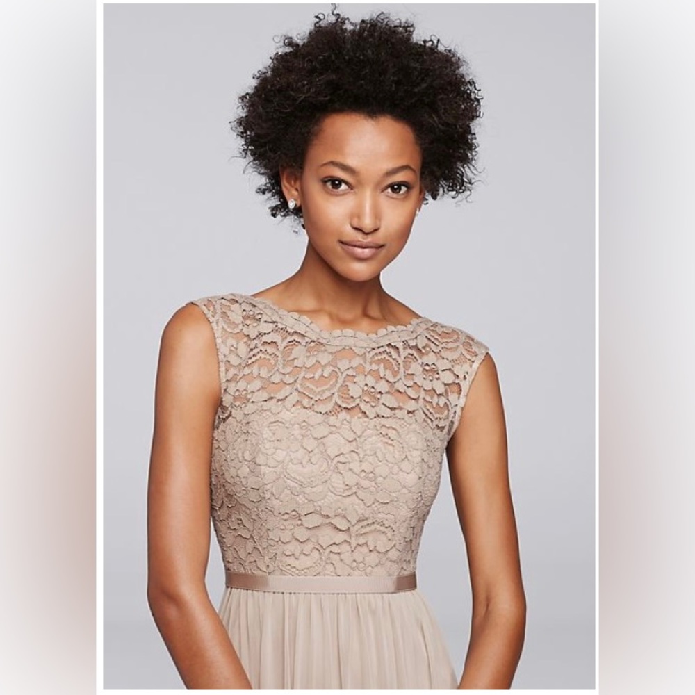 Davids Bridal Taupe Lace Bridesmaid Dress with Long Mesh Skirt Size 2